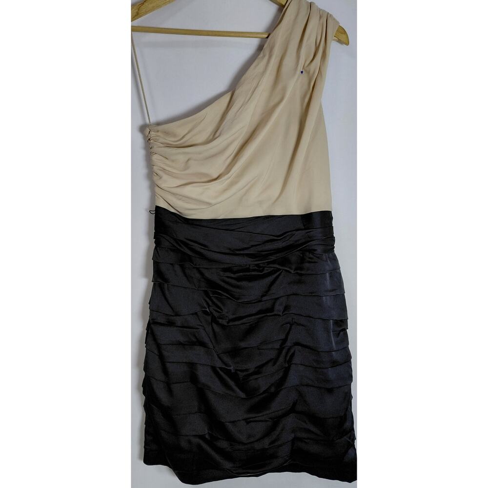 EXPRESS One Shoulder Ruched Dress Beige Black Solid Sleeveless Short Size 8